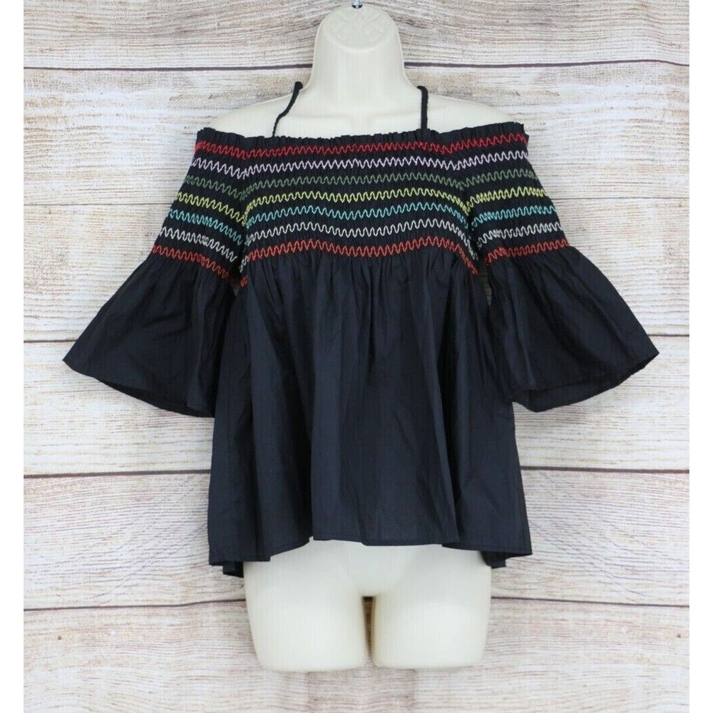 Umgee Black Off-Shoulder Peasant Top with Multicolor Smocking